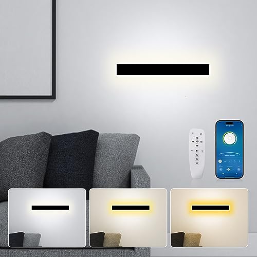 SUCIKORIO LED Wandleuchte Innen 40cm, Dimmbar 3000K-6500K Wandlampe 15W Modern Schwarz Led Wandleuchte 230V Flurlampe Wand mit Fernbedienung & APP für Schlafzimmer, Wohnzimmer von SUCIKORIO