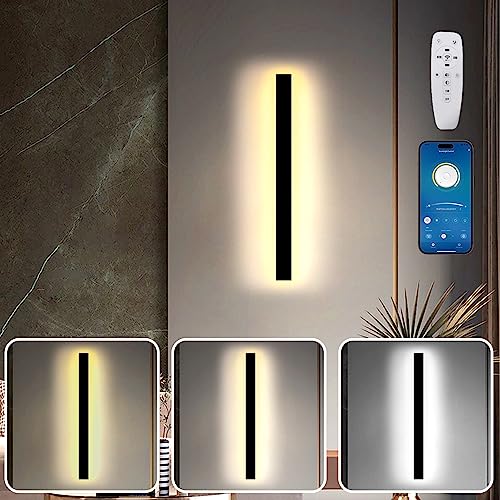 SUCIKORIO LED Wandleuchte Innen Lange 60cm, 24W LED Wandlampe 3000K-6500K Dimmbar 5%-100% Modern Up Down Wandbeleuchtung Schwarz Flurlampe Wand mit Fernbedienung & APP für Schlafzimmer, Wohnzimmer von SUCIKORIO