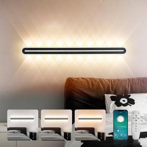 SUCIKORIO Lange LED Wandleuchte Innen 100cm, 40W LED Wandlampe Modern 3000K-6500K Dimmbar 5%-100% Schwarz 230V Flurlampe Wand mit Fernbedienung & APP Mit Scheinwerfer für Schlafzimmer, Wohnzimmer von SUCIKORIO