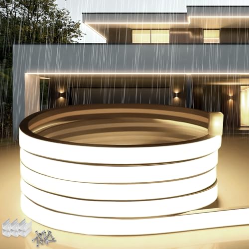 SUCIKORIO Neon LED Streifen 30m, Silikon Wasserdicht Feuerfest IP65 Led Strip Naturweiss 4000K 10mm Led-Lichterkette Außen 230V Flexibler Lichtband Aussenbereich mit Netzteil für Haus, Party, Küche von SUCIKORIO