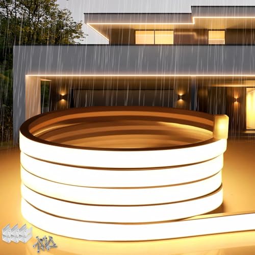 SUCIKORIO Neon LED Streifen 30m, Silikon Wasserdicht Feuerfest IP65 Led Strip Warmweiss 3000K 10mm Led-Lichterkette Außen 230V Flexibler DIY Lichtband Aussenbereich mit Netzteil für Haus, Party, Küche von SUCIKORIO