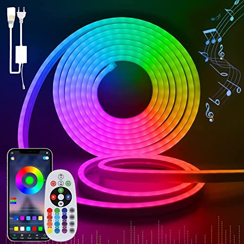 SUCIKORIO Neon LED Streifen 5m, Led Strip RGB Wasserdicht Led Lichterkette Außen 230V 120 LED/m Flexibler DIY Lichtband Aussenbereich mit Netzteil und Controller für Haus, Party, Küche von SUCIKORIO