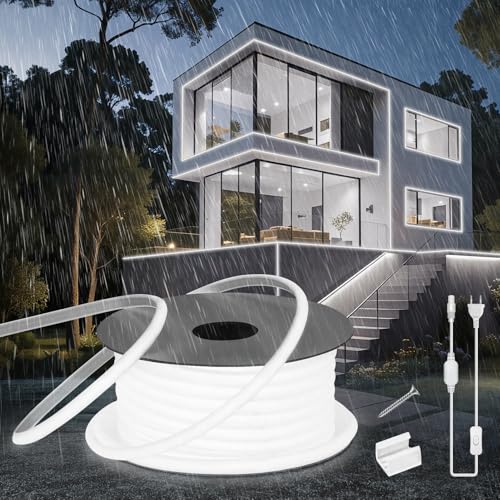 SUCIKORIO Neon Led Strip 10m, Silikon Wasserdicht Feuerfest IP65 Runde COB Neon LED Streifen Weiß 6000K 10mm Leds Lichterkette Außen 230V Flexibler Lichtband mit Netzteil für Innen Aussenbereich Deko von SUCIKORIO