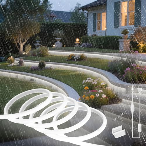 SUCIKORIO Neon Led Strip 2m, Silikon Wasserdicht Feuerfest IP65 Runde COB Neon LED Streifen Weiß 6000K 10mm Leds Lichterkette Außen 230V Flexibler Lichtband mit Netzteil für Innen Aussenbereich Deko von SUCIKORIO