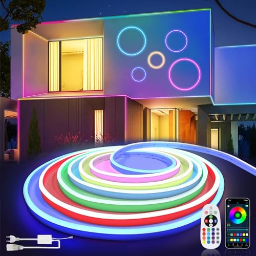 SUCIKORIO Neon Led Strip RGB 20m, Außen LED Streifen IP65 Wasserdicht Led Lichterkette Musik Sync Flexibler DIY Lichtband Aussenbereich mit Fernbedienung und App für Haus, Party, Küche von SUCIKORIO