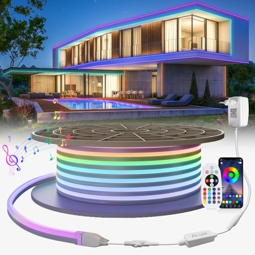 SUCIKORIO Neon Led Strip RGBIC 10m, Außen LED Streifen IP65 Wasserdicht RGB Led Lichterkette Musik Sync Flexibler DIY Lichtband Aussenbereich mit Fernbedienung und App für Haus, Party, Küche von SUCIKORIO