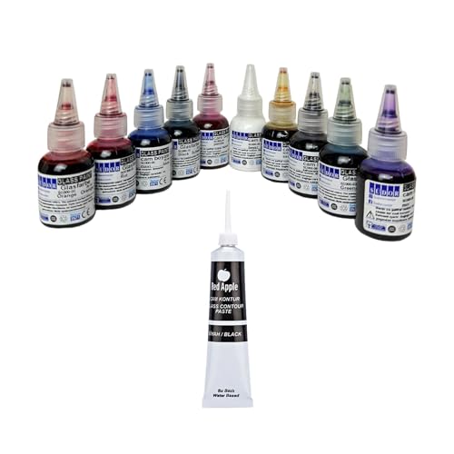 SÜDOR Glasmalfarben-Set. Schnelltrocknend Glasmalerei-Set. Vitrail. Geeignet zur dekorativen Gestaltung. Glass Paint Stained Glass (10 Farben x 25 ml & Konturenfarbe (Schwarz, 20ml)) von SÜDOR