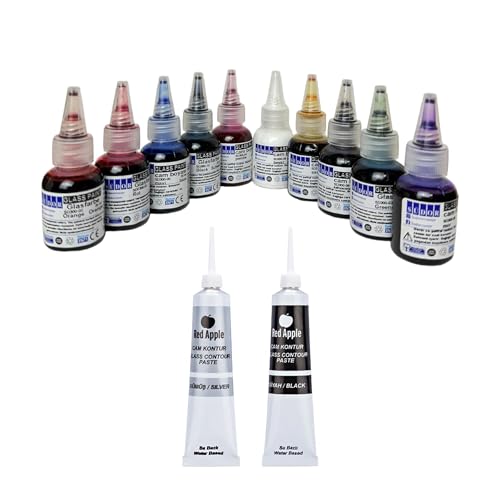 SÜDOR Glasmalfarben-Set. Schnelltrocknend Glasmalerei-Set. Vitrail. Geeignet zur dekorativen Gestaltung. Glass Paint Stained Glass (10 Farben x 25 ml & Konturenfarben (2 x 20ml)) von SÜDOR