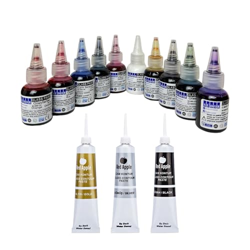 SÜDOR Glasmalfarben-Set. Schnelltrocknend Glasmalerei-Set. Vitrail. Geeignet zur dekorativen Gestaltung. Glass Paint Stained Glass (10 Farben x 25 ml & Konturenfarben (3 x 20ml)) von SÜDOR