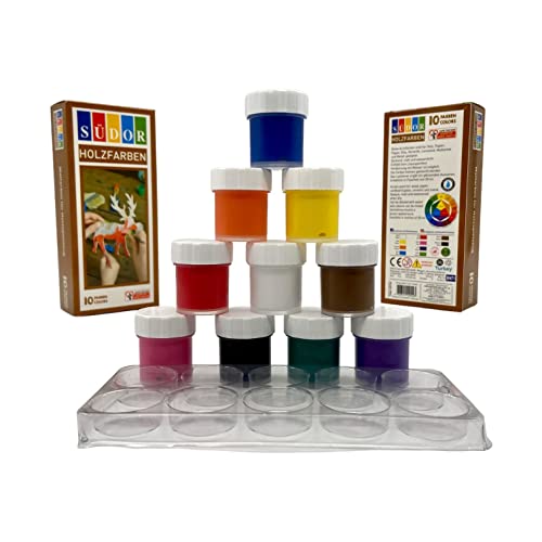 SÜDOR Holzfarben-Set. Malfarben für Holzspielzeug und Bastelprojekte. Wasserbasierte Acrylfarben. (10 Farben x 20 ml) von SÜDOR