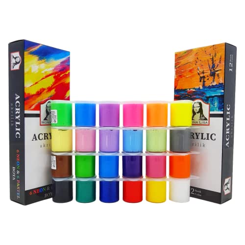 SÜDOR Monalisa Acrylfarben-Set für Kinder. 24 Farben je 22ml. 12 Acrylfarben, 6 Neon-Fluoreszierende-Farben, 6 Chalky-Pastellkreidefarben. Deckend, leuchtend, auf Wasserbasis, Ungiftig von SÜDOR