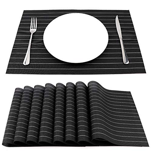 SUEH DESIGN Tischsets für Esstisch, hitzebeständig, kreuzgewebtes Vinyl, waschbar, Küchen-Platzdeckchen, 8 Stück, Schwarz gefüttert, ca. 45 x 30 cm von SUEH DESIGN