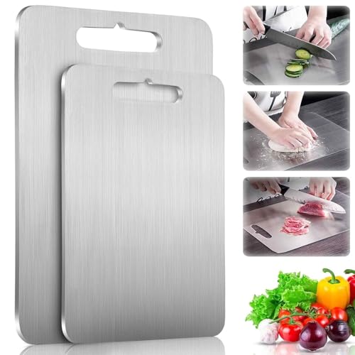 Schneidbrett Aus Edelstahl Beidseitig für Fleisch, Brot, Gemüse, Obst Schneiden Titan Schneidebrett Titanium Cutting Board Antibakteriell&Kratzfest 304 (2PCS) von SUFANG