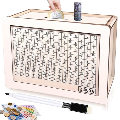 Spardose aus Holz, Spardose mit Zähler, Spardose mit Zielen mit Sparzielen und Zahlen zum Ankreuzen, Vintage-Spardose für Erwachsene und Kinder mit Sparziel (2000 €) von SUFANG