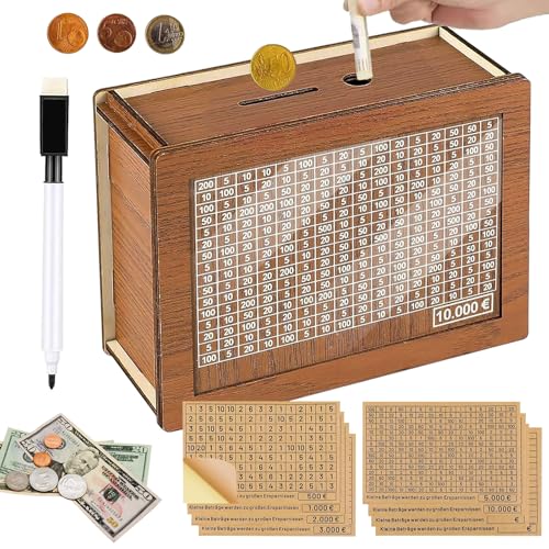 Spardose aus Holz mit zähler Sparschwein mit Marker sparbox mit Zahlen ankreuzen Wiederverwendbare Spardose mit Acrylplatten für Hilft Erwachsene und Kindern Die Gewohnheit Zum Sparen (10000€) von SUFANG