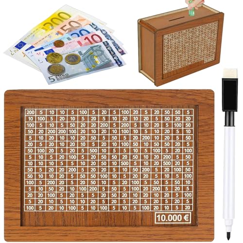 Spardose aus Holz - spardose mit zähler für 10000 Euro, Wiederverwendbare Spardose mit Sparziel und Zahlen zum ankreuzen, Retro Sparbüchse Aufbewahrungsbox für Erwachsene und Kinder von SUFANG