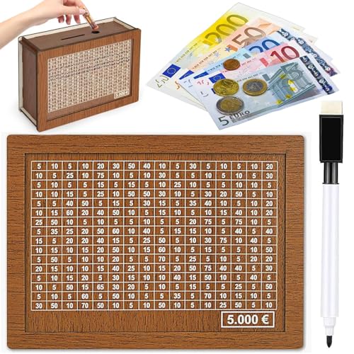 Spardose aus Holz - spardose mit zähler für 5000 Euro, Wiederverwendbare Spardose mit Sparziel und Zahlen zum ankreuzen, Retro Sparbüchse Aufbewahrungsbox für Erwachsene und Kinder Spardose aus Holz - spardose mit zähler für 5000 Euro, Wiederverwendbare Spardose mit Sparziel und Zahlen zum ankreuzen, Retro Sparbüchse Aufbewahrungsbox für Erwachsene und Kinder von SUFANG