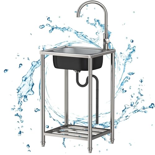 Freistehende Edelstahl Spultisch 1 Becken Outdoor Camping Waschbecken Mobiles Gewerbliche Einzelspüle Ausgussbecken Mit 360° Wasserhahn Spulbecken,Einfach Zu Montieren von SUFAPRE