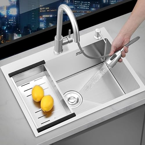 Spülbecken Edelstahl Küche Einzelbecken Spüle, Einbauspüle mit Wasserhahn Schwenkbar und Ausfahrbar, Handgefertigtes Spülbecken mit Abflusskorb und Seifenspender von SUFAPRE
