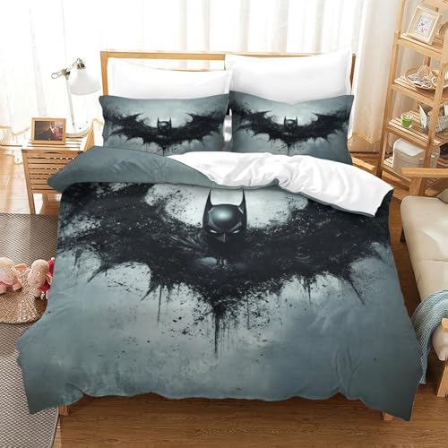 SUFFERBOW Batman 3D Gedruckter Superhelden Bettbezug Set Für Kinder Mädchen Jungen Bettwäschegarnitur Weich Microfaser Reissverschluss Und Kissenbezüge Bettwäsche 3 Teilig Double（200x200cm） von SUFFERBOW