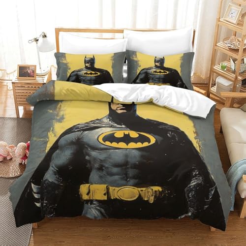 SUFFERBOW Batman Mädchen Junge Kinder Bettbezug Set 3D Gedruckter Superhelden Bettwäschegarnitur Bettwäsche Reissverschluss Und Kissenbezüge Weich Microfaser 3 Teilig Single（140x200cm） von SUFFERBOW