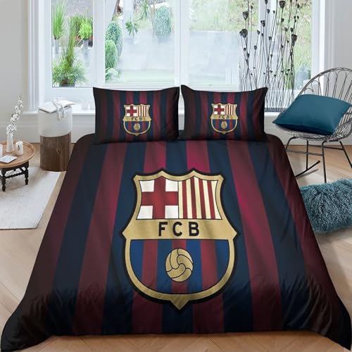 SUFFERBOW FCBarcelona Bettwäschegarnitur 3D Gedruckter Fußball Mädchen Junge Kinder Bettbezug Set Reissverschluss Bettwäsche Und Kissenbezüge Weich Microfaser 3 Teilig Double（200x200cm） von SUFFERBOW
