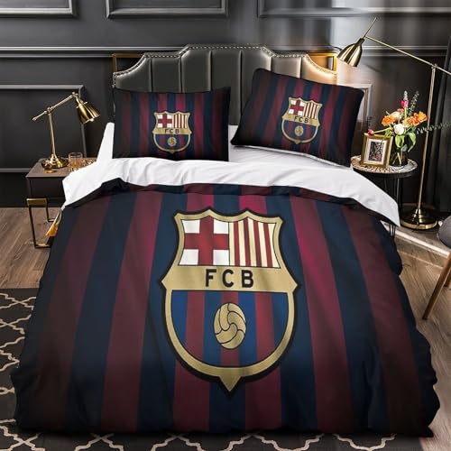 SUFFERBOW FCBarcelona Bettwäschegarnitur Mädchen Junge Kinder 3D Gedruckter Fußball Bettbezug Set Reissverschluss Bettwäsche Und Kissenbezüge Weich Microfaser 3 Teilig Super King（260x220cm） von SUFFERBOW