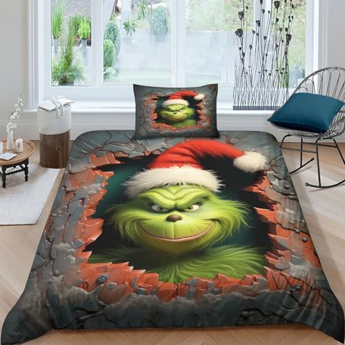 SUFFERBOW Grinch 3D Gedruckter Christmas Bettwäschegarnitur Bettbezug Set Für Kinder Mädchen Jungen Und Kissenbezüge Bettwäsche Reissverschluss Weich Microfaser 2 Teilig Single（135x200cm） von SUFFERBOW