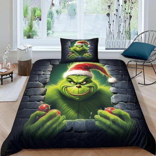 Grinch Bettbezug Set Für Kinder Mädchen Jungen 3D Gedruckter Christmas Bettwäschegarnitur Reissverschluss Bettwäsche Weich Microfaser Und Kissenbezüge 2 Teilig Single（135x200cm） von SUFFERBOW