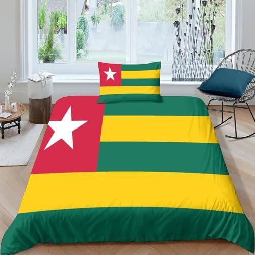 SUFFERBOW Togo 3D Gedruckter Afrikanische Fahne Bettbezug Set Für Kinder Mädchen Jungen Bettwäschegarnitur Reissverschluss Weich Microfaser Bettwäsche Und Kissenbezüge 2 Teilig Single（135x200cm） von SUFFERBOW