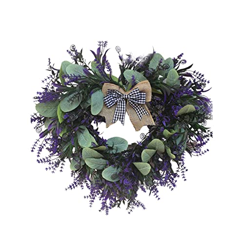 SUFUBAI Lavendel-Kranz für die Haustür, 42 cm, künstliche herzförmige Seide, Blumenkranz mit Schleife, grüne Blätter, Valentinstagskränze, Dekoration von SUFUBAI
