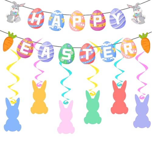 Ostern Deko, Frohe Ostern Banner Girlande, Hase Ostern hängende Wirbel Dekorationen, Frühling Dekorationen für Home Fenster Office Klassenzimmer Ostern Party Osterei Jagd Dekorationen von SUHANIOP