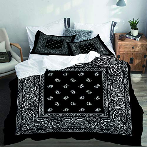 SUHETI Bettwäsche-Set, Mikrofaser,Schwarzes Bandana mit weißen Ornamenten,1 Bettbezug 135 X 200cm + 2 Kopfkissenbezug 80 X 80cm von SUHETI