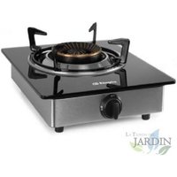 Gaskocher Orbegozo FO1720, Gehäuse aus Edelstahl und Oberfläche aus schwarzem gehärtetem Glas (7 mm). Brennstoff: Butangas oder von SUINGA