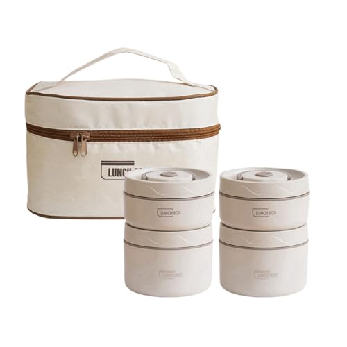SUIOPPYUW Doppelschichtige Lunchbox aus Edelstahl mit robuster Isolierung und abnehmbarem Innenfutter. Doppelschichtige tragbare Lunchbox, Weiß, 4 Stück + Beutel von SUIOPPYUW