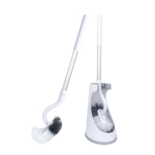 SUIXI 2er Set Toilettenbürste, Klobürste mit randreiniger, Langer Stiel klobürste gebogen, Kunststoff-Toilettenbürstenset mit Starken Borsten für Tiefenreinigung (Silber Weiß) von SUIXI