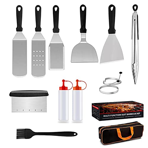 Premium BBQ-Grillbesteck Set – 14-teiliges Zubehör in Edelstahl-Ausführung mit Teppanyaki-Funktion und Leicht-zu-tragender Tasche (Silber) von SUJOSAJU