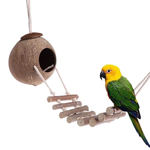 SUJOSAJU Hängendes Kokosnuss- Vogelhaus mit Leiter Natürliches Kokosnuss- Muschel- Vogelnest Hängendes Vogelkäfig- Spielzeug von SUJOSAJU