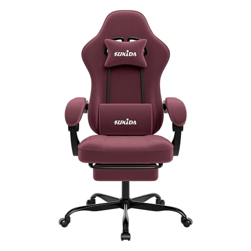 SUKIDA Gaming Stuhl, Ergonomischer Gaming Chair mit Fußstütze, Verstellbarer Racing Computerstuhl mit Lordosenstütze, Rot Ergonomisch Stoff PC-Stuhl von SUKIDA
