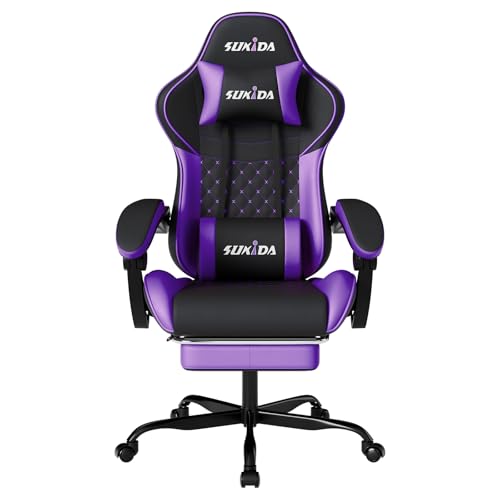 SUKIDA Gaming Stuhl, Ergonomischer Gaming-Stuhl mit Fußstütze, Racing Gamer Chair 90-135° Rückenlehne einstellbar, Computerstuhl Höhenverstellbar Lendenwirbelstütze, Blackpurple von SUKIDA