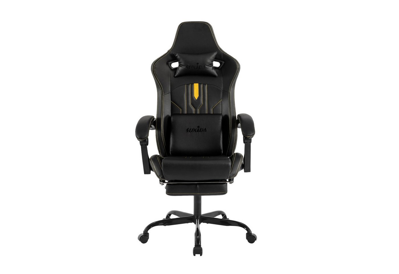 SUKIDA Gaming-Stuhl Ergonomischer Gamingstuhl mit Fußstütze & Lendenstütze – bis 150 kg (Komplett-Set), schwenkbar, höhenverstellbar, ausziehbare Sitzfläche von SUKIDA