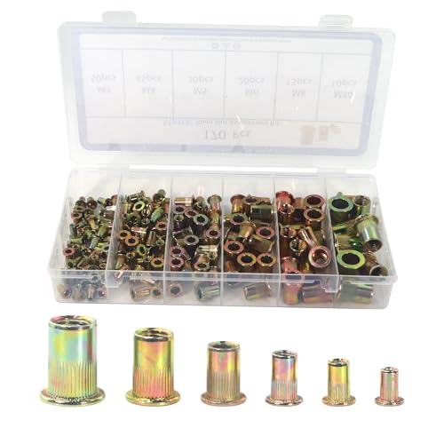 SUKITMISO 170 Stk Nietmuttern Set M3 M4 M5 M6 M8 M10 Blindnietmuttern Nietmuttern Blindnietmuttern Einnietmuttern set Kohlenstoffstahl Farbzink Einnietmuttern für Metallplatten, Rohre usw von SUKITMISO