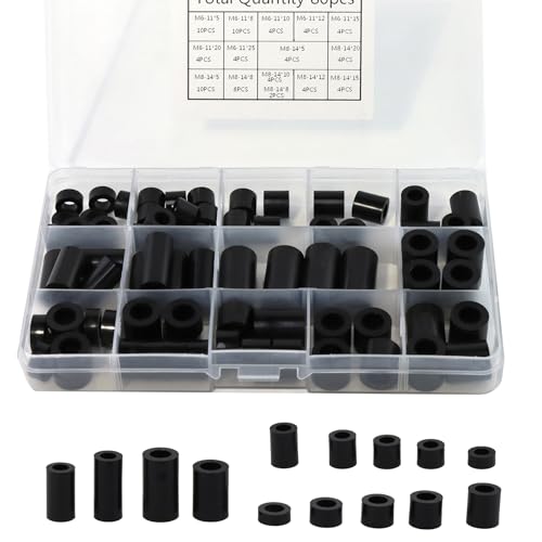 SUKITMISO 80 Stück Runde Abstandshalter Schwarz M6 M8 Nylon Unterlegscheiben Assortiment Kit 14 Größen Distanzscheiben ohne Gewinde Säulen Abstandshülsen Lsolierung Beilagscheiben von SUKITMISO