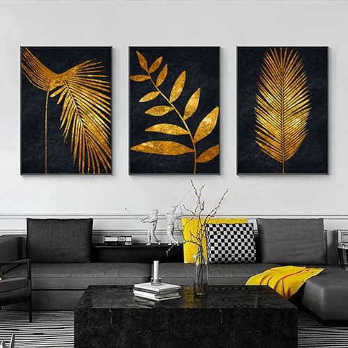 3er Set Designer Schwarzes und Gold Leinwand Poster Wandbilder Gold Pflanzenblatt Leinwand Poster Druck Moderne Kunst Abstrakte Bilder Schwarz Bild Rahmenlos (B,50 x70 cm No Frame) von SUKPDJO