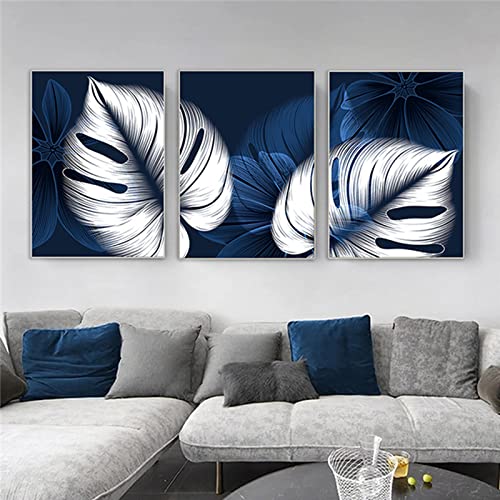 SUKPDJO 3er Set Leinwand Poster Wandbilder Blau Pflanzen Blätter Leinwand Bilder Wohnzimmer Kunst Wandkunst Leinwand Malerei, Modern Blau Poster Bild Home Decor Rahmenlos (A,30 x 40 cm) von SUKPDJO