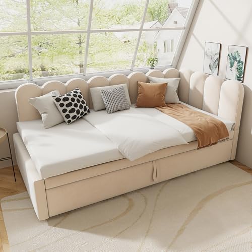 2-in-1 Multifunktions-Schlafsofa in L-Form, 90/180 x 200 cm, Samt Polsterbett Platzsparendes Design Kann als Kinderbett oder Gästebett genutzt Werden (Beige) von SUKY
