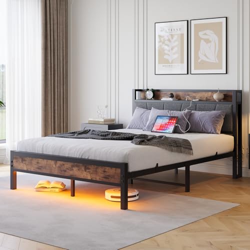 Bed Frame with Smart LED Lights, Storage Headboard with USB Charging Station, Heavy Duty Metal Slats Support Platform, Easy Assembly, Noise Free (120x200cm) von SUKY