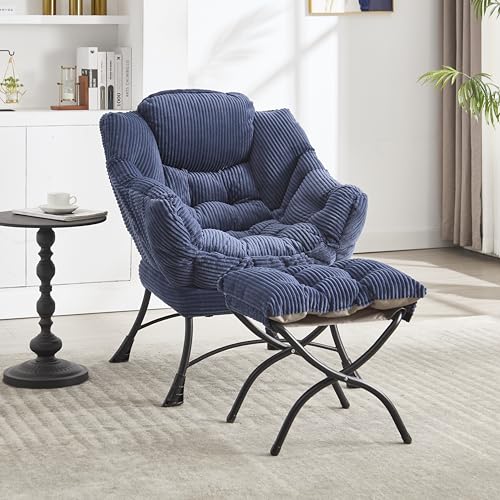 Lazy Chair with Ottoman, Modern Lounge Accent Chair Armrests and a Side Pocket, Corner, Leisure Upholstered Sofa Reading with Footrest for Small Space (Marineblau) von SUKY