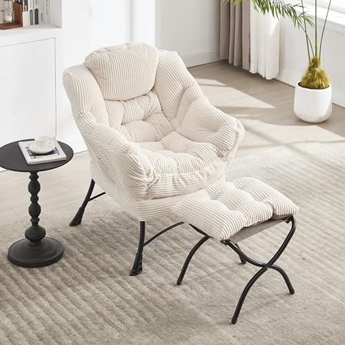Lazy Chair with Ottoman, Modern Lounge Accent Chair Armrests and a Side Pocket, Corner, Leisure Upholstered Sofa Reading with Footrest for Small Space (Weiß) von SUKY