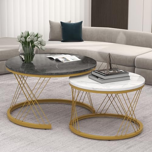 Moderne Nesting Couchtisch 70 * 70 * 45cm+45 * 45 * 40cm, Couchtisch Satz Marmor Furnier Sofa Seite Nest von Tischen Runde Endtische, Satz von 2, Goldene Farbe Frame (weiß + grau) von SUKY